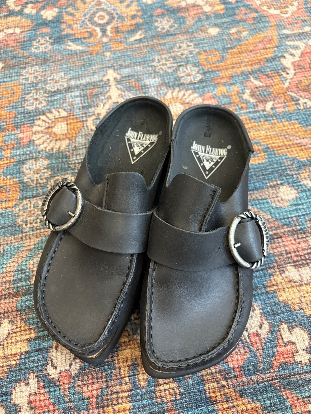 John Fluevog Linn Black Leather Slide Mules Silver Buckles